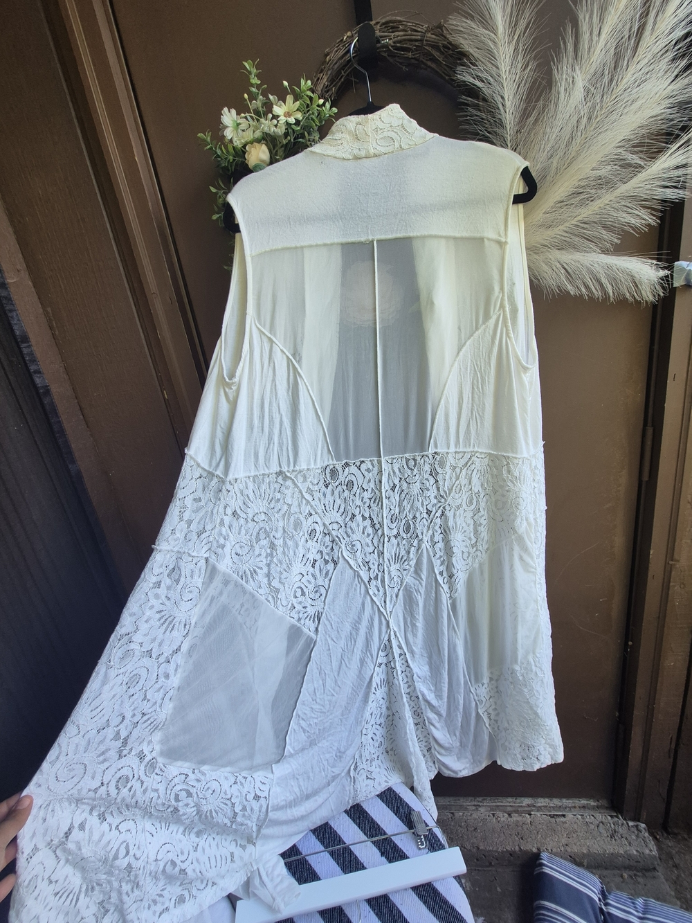 Sleeveless Lace-Panel Cardigan Vest in White Boho 2xl Or Xl